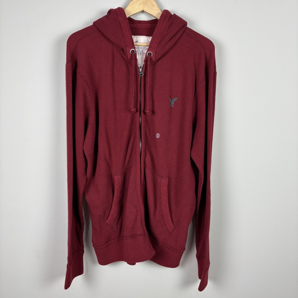 Y2K American Eagle‎ Outfitters Full Zip Thermal Hoodie Sweatshirt Mens Large Red